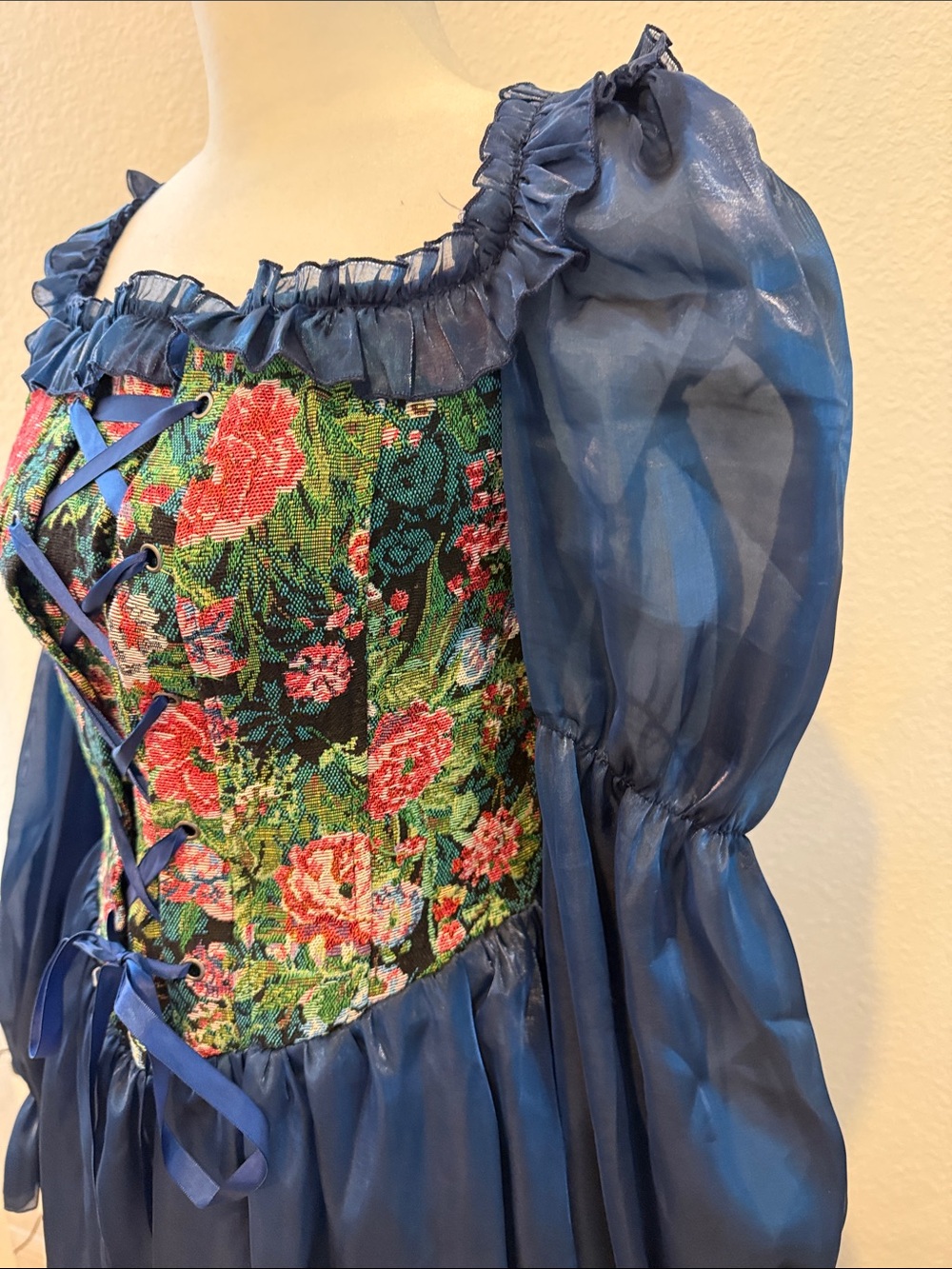 Source Unknown Navy Sheer-Sleeve Floral Lace-Up Corset Gown - Picture 5 of 9